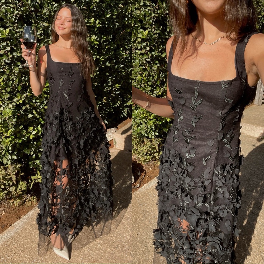 Show Me Your MuMu Black 3D Floral AppliquΓ© Maxi Dress